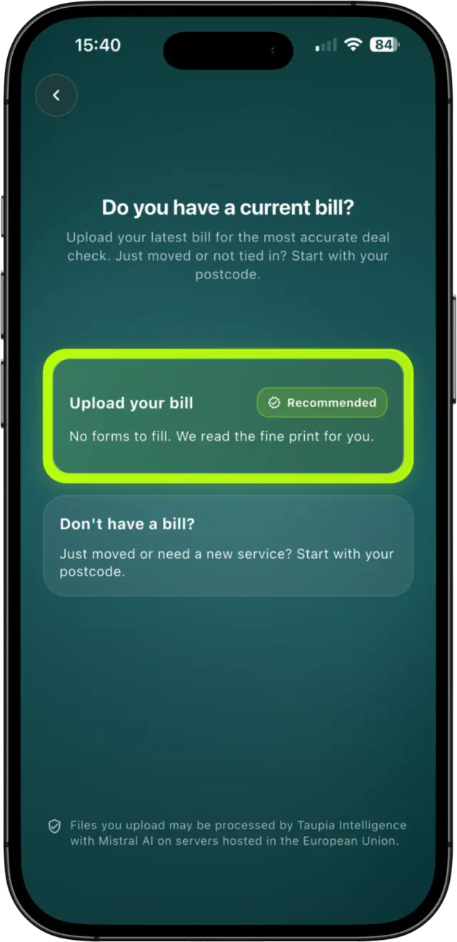Bill upload flow in Taupia