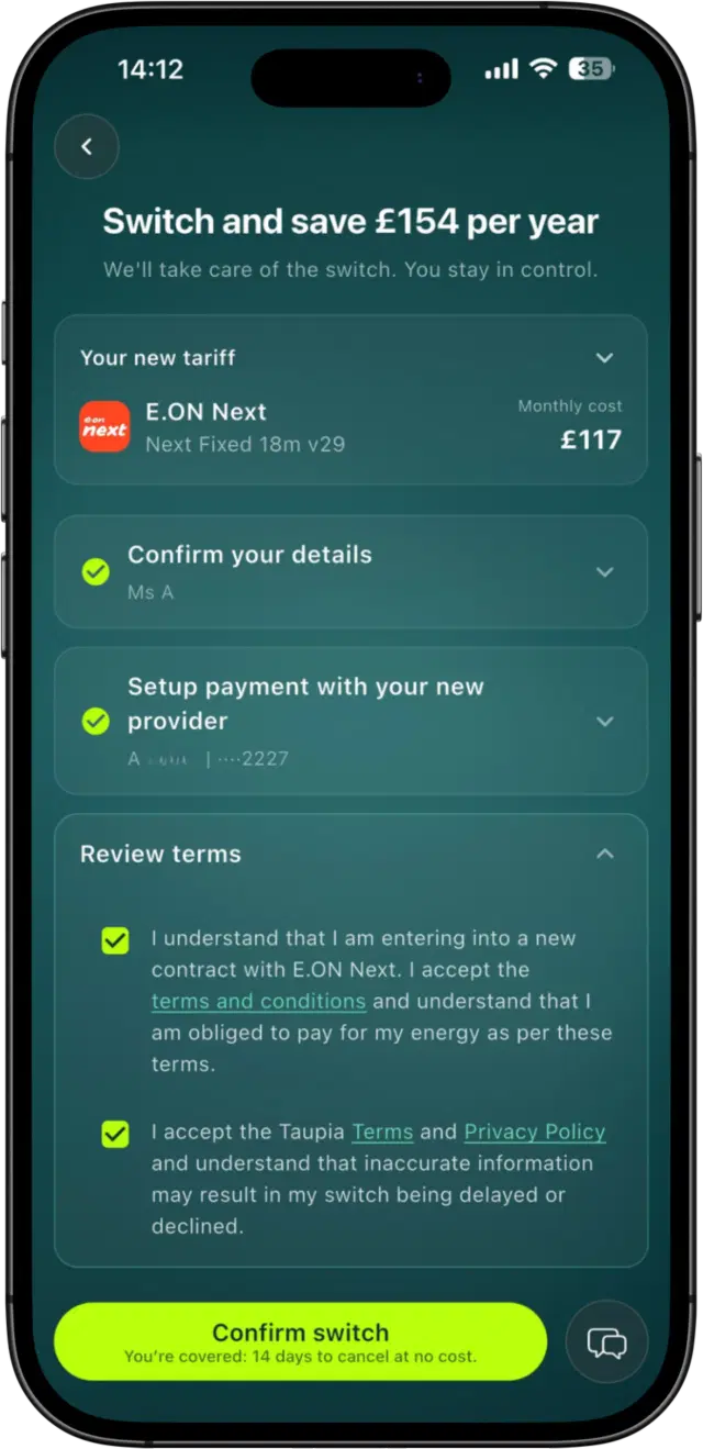 Bill management dashboard with switch status