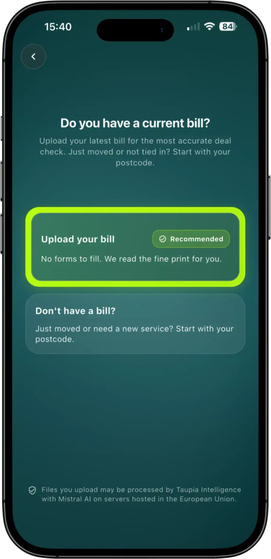 Taupia bill upload screen