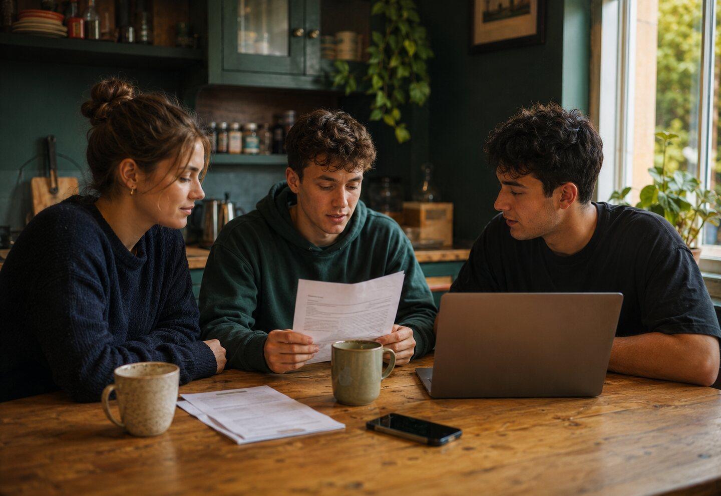 Three housemates at a kitchen table going through a paper bill and a laptop together.