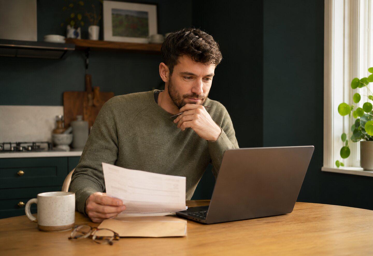 A householder at a kitchen table reading a paper bill beside an open laptop.