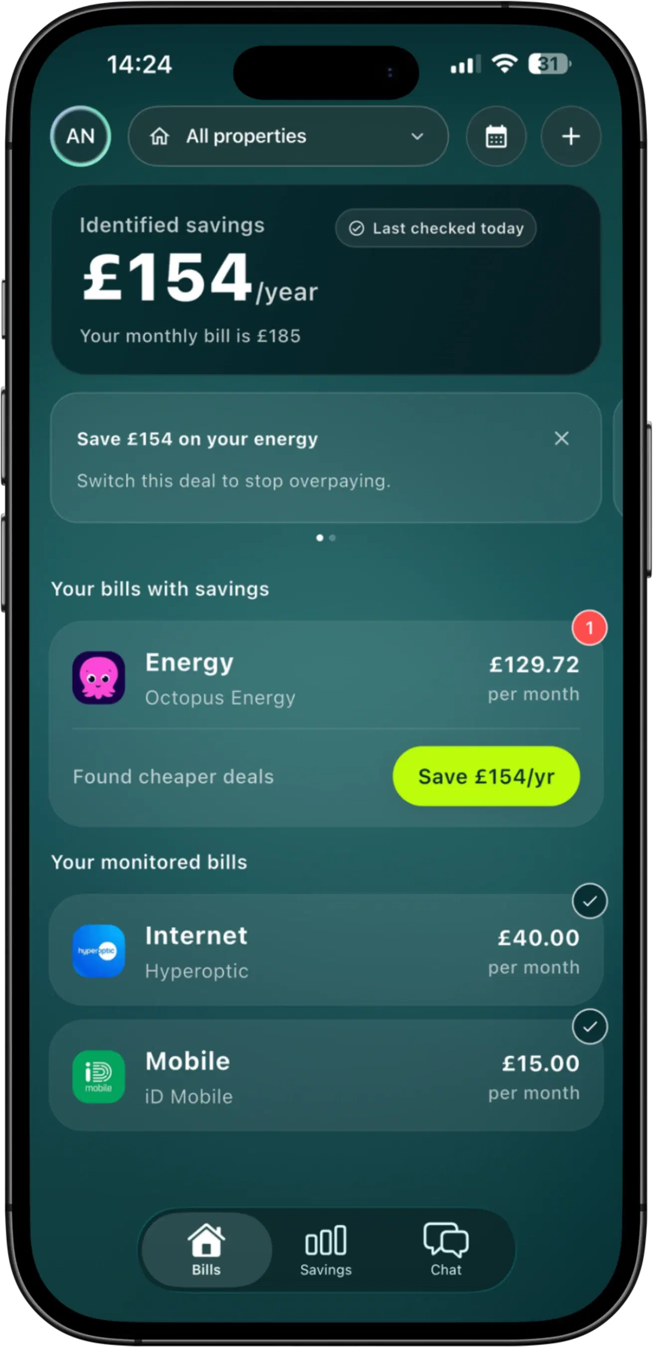 Taupia energy bill manager screen