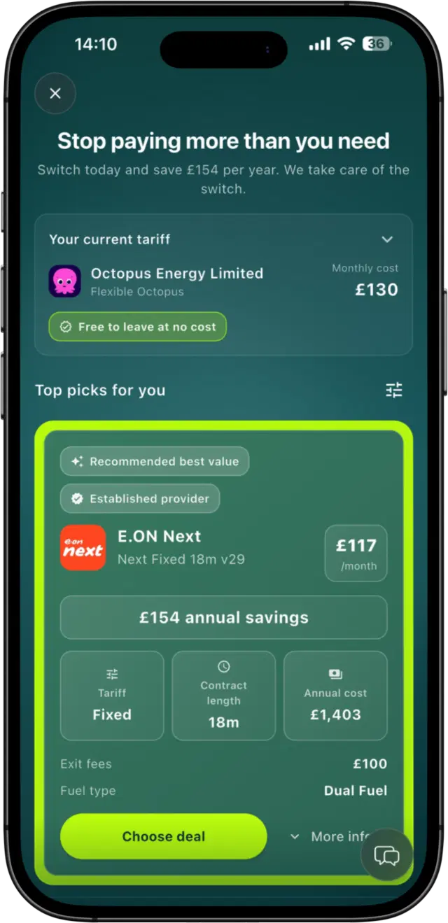 Taupia energy comparison screen