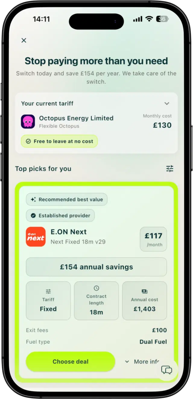 Taupia energy comparison screen