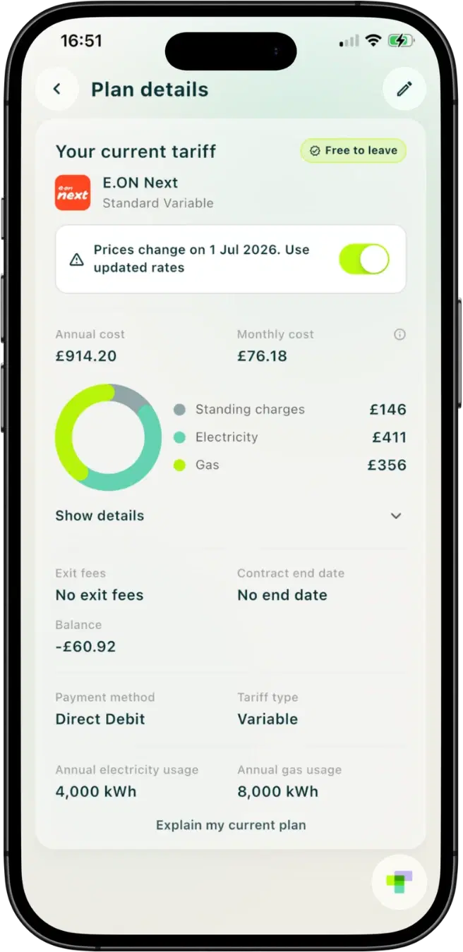 Taupia energy plan tracking screen