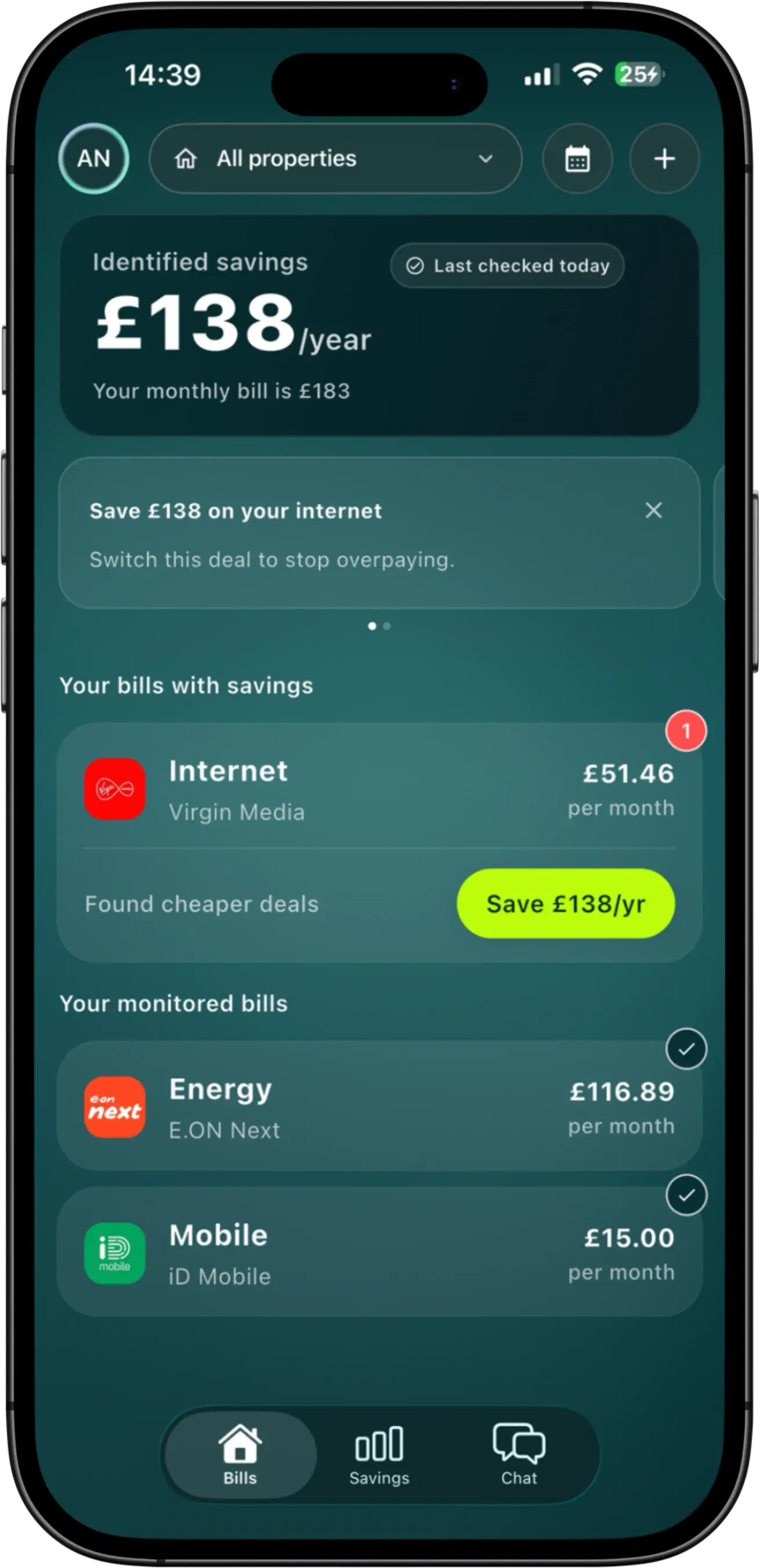 Taupia broadband bill manager screen