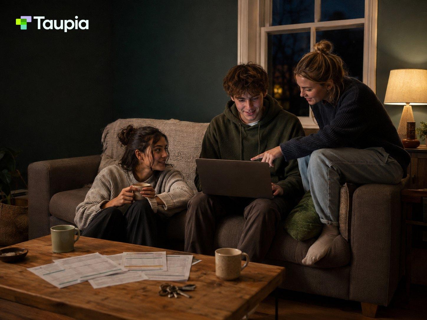 Three housemates comparing bills packages together on a laptop in a shared living room
